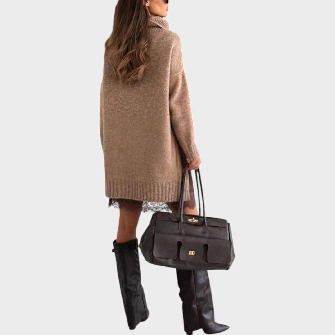 Women’s High Neck Casual Sweater – Relaxed Fit Longline Knit with Textured Finish