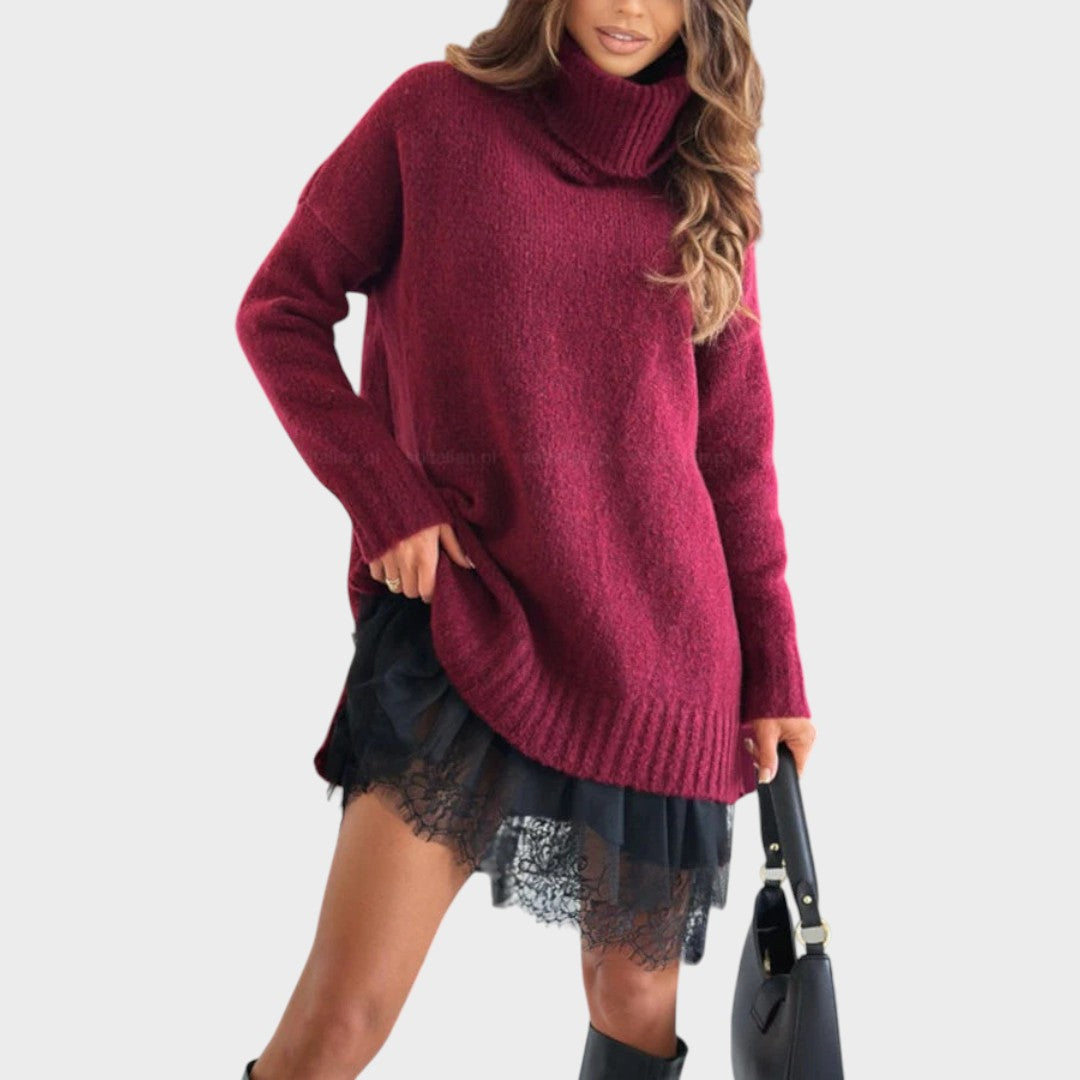 Women’s High Neck Casual Sweater – Relaxed Fit Longline Knit with Textured Finish