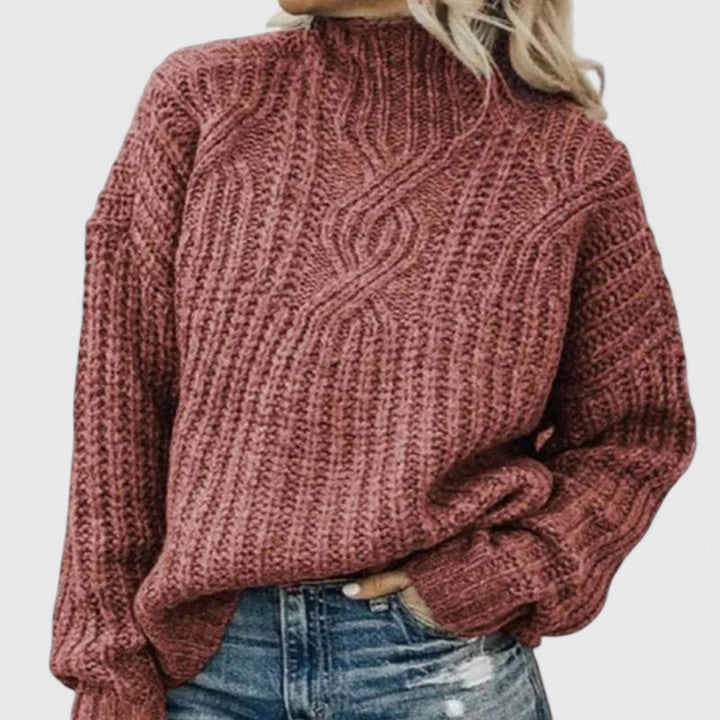 Women’s High Neck Casual Sweater – Relaxed Fit Textured Knit Pullover