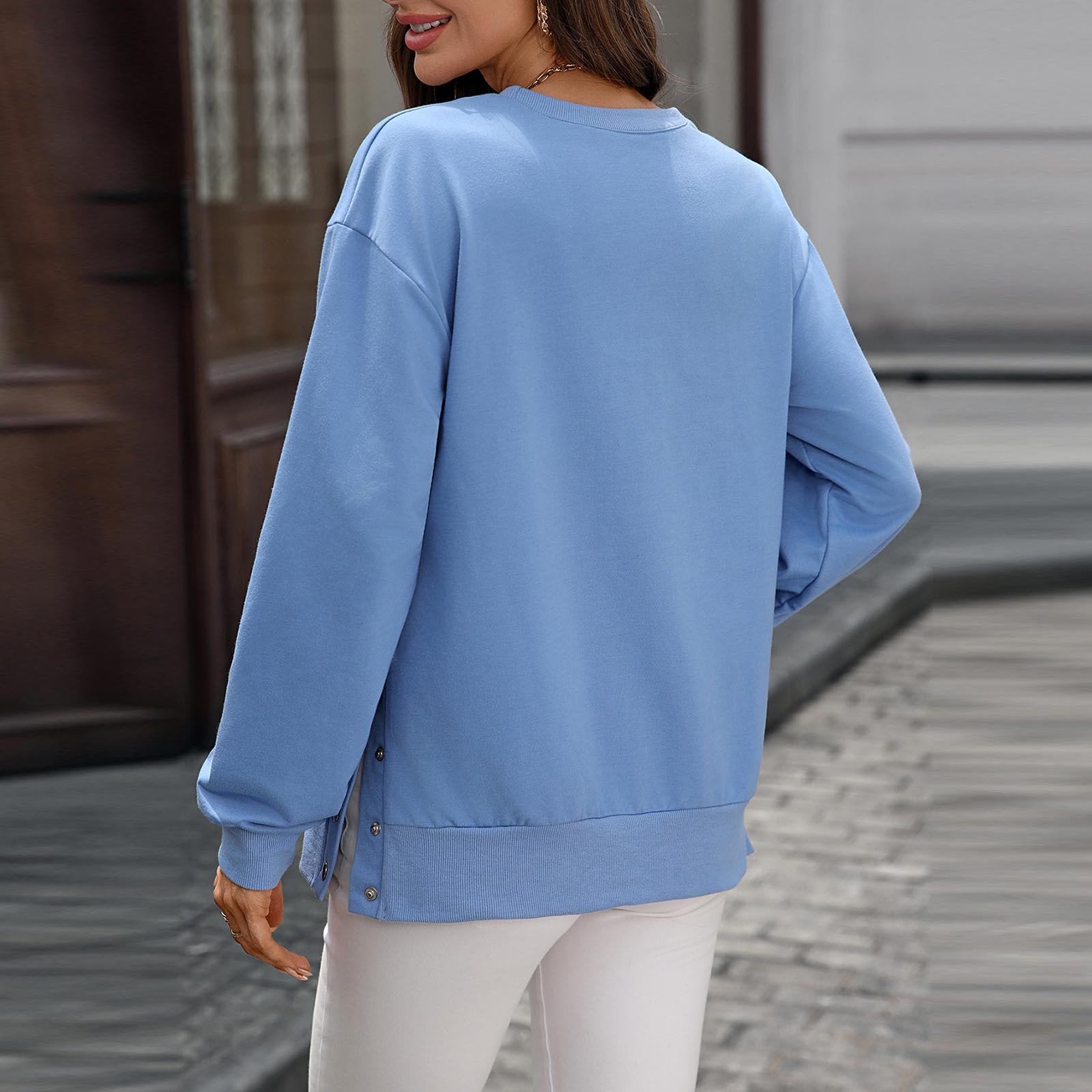 Women’s Button Hem Sweatshirt – Relaxed Fit Crew Neck Casual Pullover