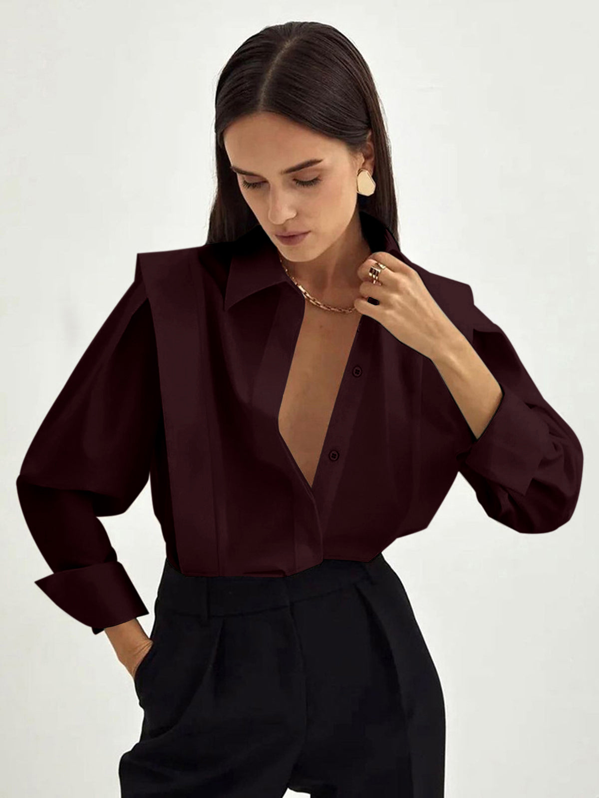Women’s Classic Collared Blouse – Straight Fit Polyester Shirt for Work & Everyday Wear