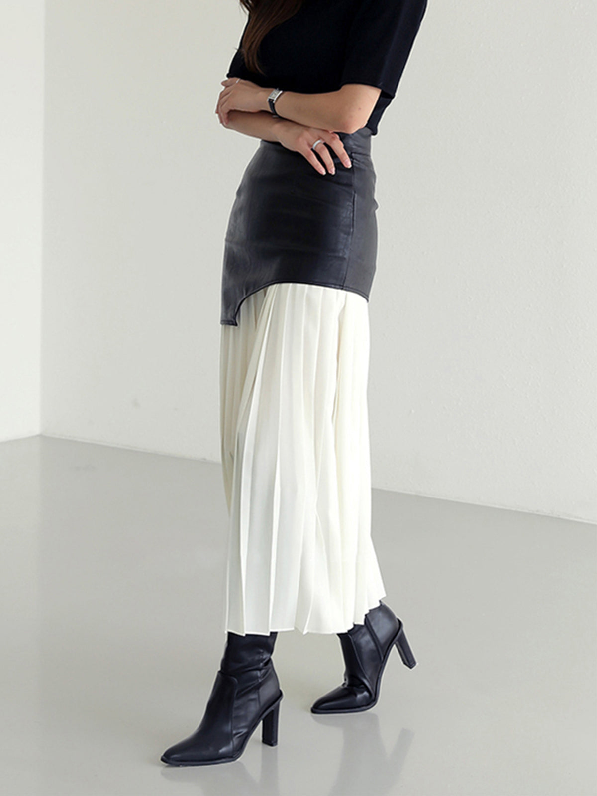 Asymmetrical Midi Skirt – Women’s Faux Leather & Chiffon Regular Fit Skirt