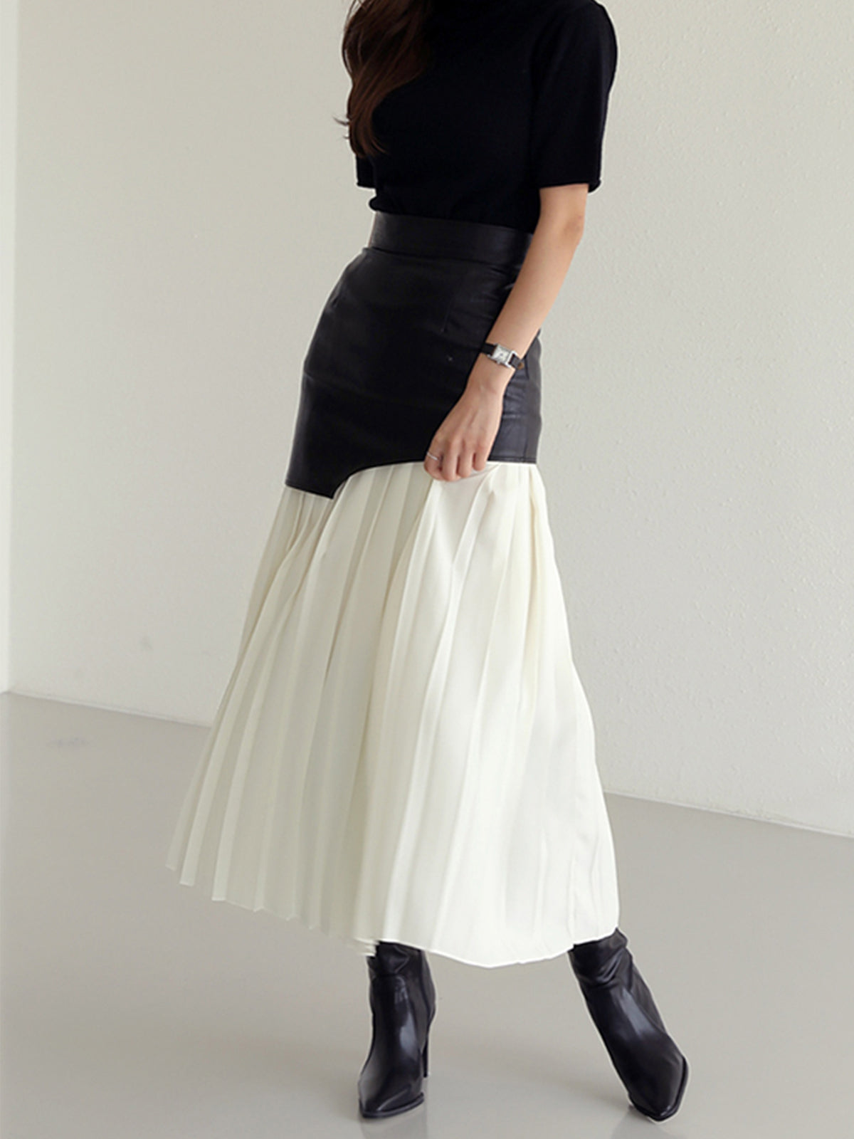 Asymmetrical Midi Skirt – Women’s Faux Leather & Chiffon Regular Fit Skirt
