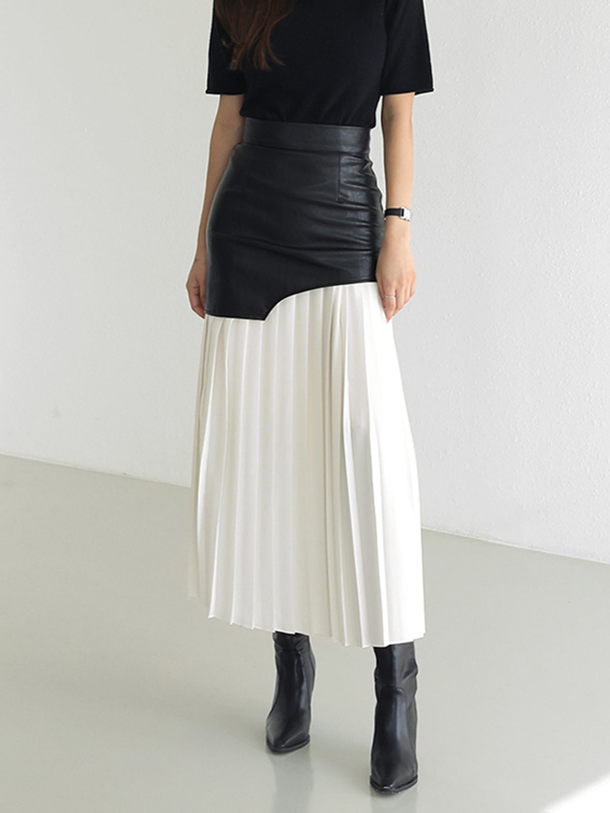 Asymmetrical Midi Skirt – Women’s Faux Leather & Chiffon Regular Fit Skirt