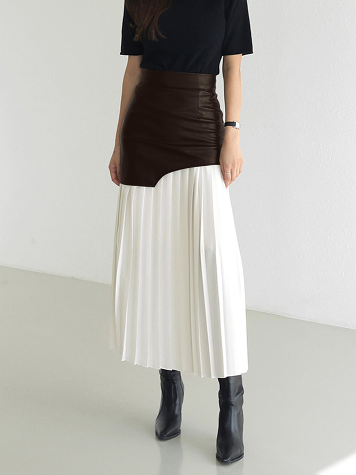 Asymmetrical Midi Skirt – Women’s Faux Leather & Chiffon Regular Fit Skirt