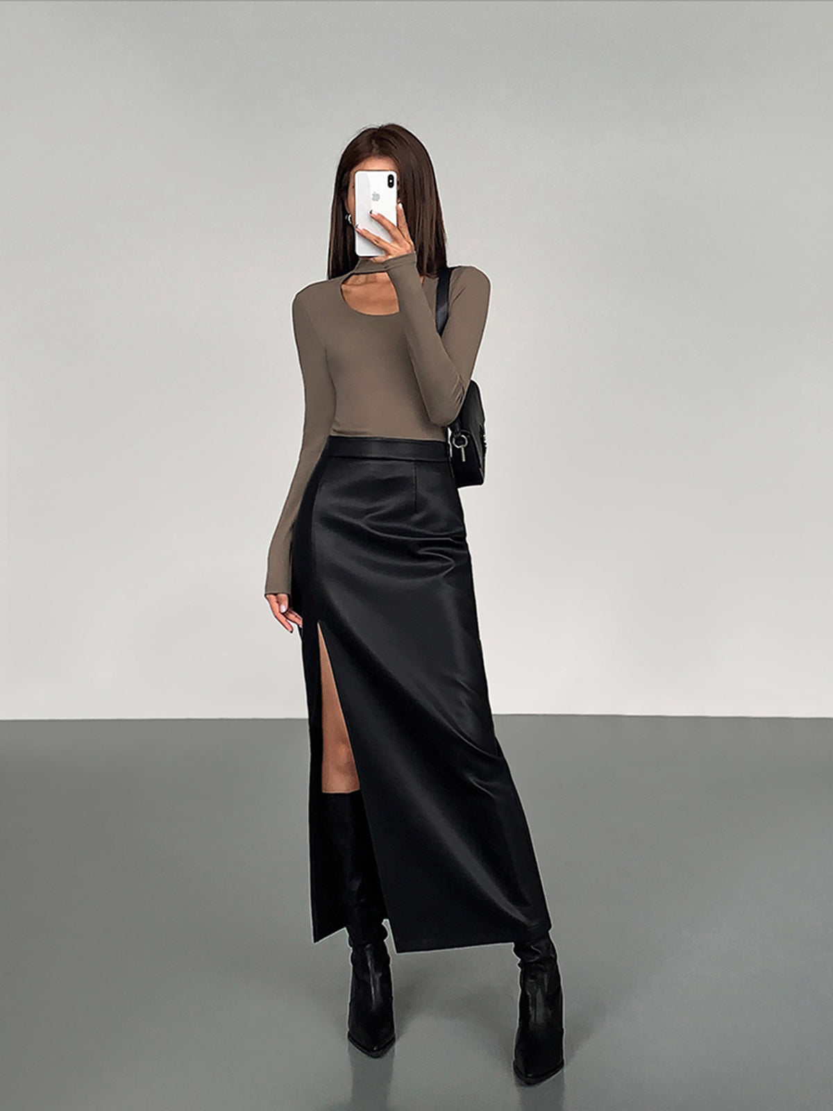 Side Split PU Leather Midi Skirt – High Waist Faux Leather with Chic Split Detail