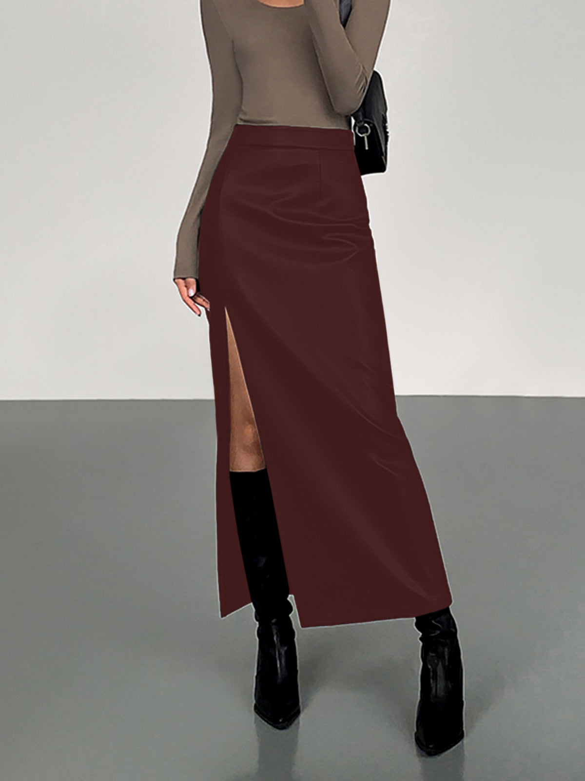 Side Split PU Leather Midi Skirt – High Waist Faux Leather with Chic Split Detail