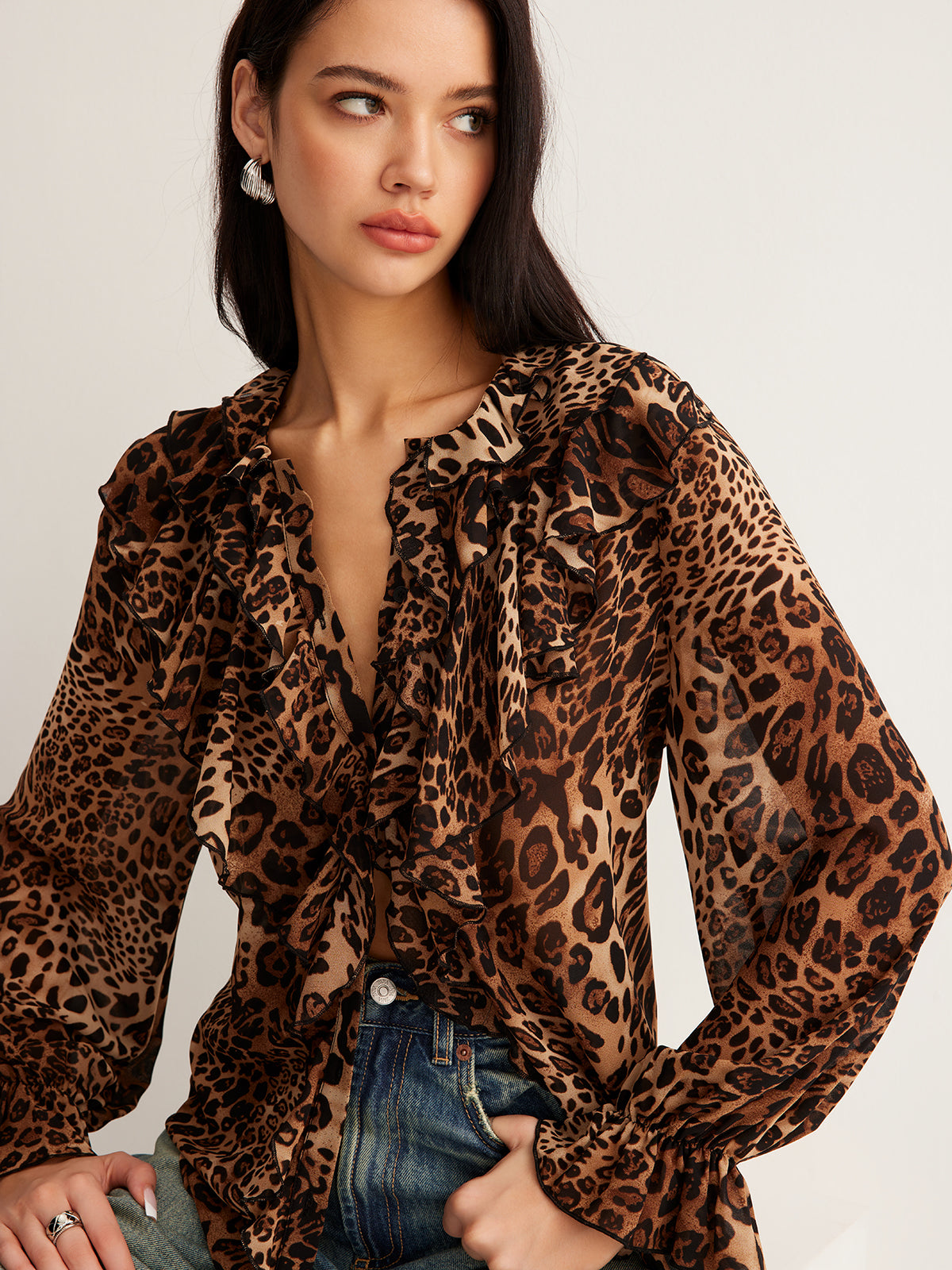 Chic Safari Leopard Print Blouse – Luxury Ruffle Neckline Women’s Long Sleeve Chiffon Top