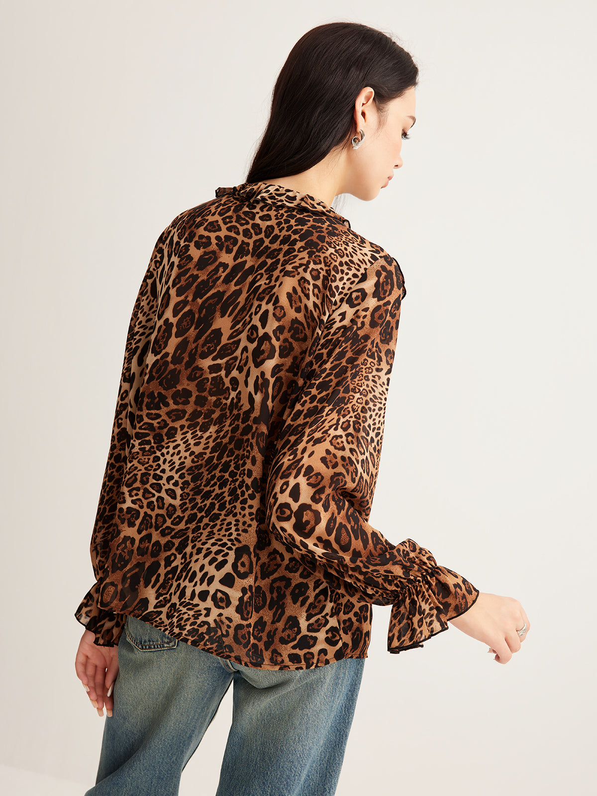 Chic Safari Leopard Print Blouse – Luxury Ruffle Neckline Women’s Long Sleeve Chiffon Top