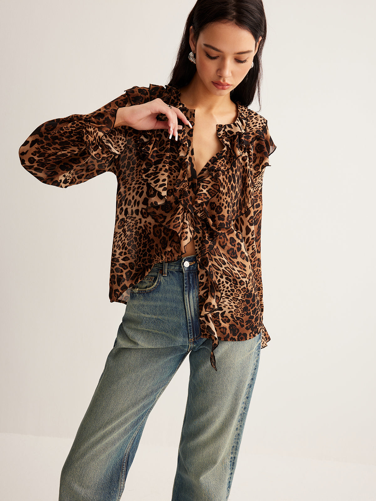 Chic Safari Leopard Print Blouse – Luxury Ruffle Neckline Women’s Long Sleeve Chiffon Top