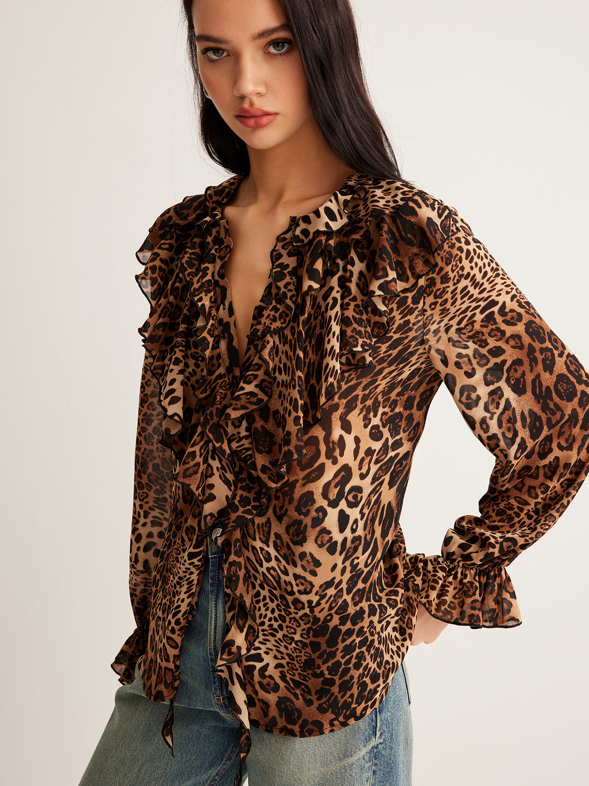 Chic Safari Leopard Print Blouse – Luxury Ruffle Neckline Women’s Long Sleeve Chiffon Top
