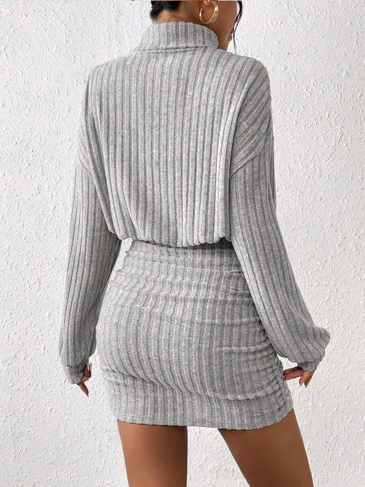 Mock Neck Ribbed Short Dress – Chic Pleated Mini with Long Sleeves & Medium Stretch