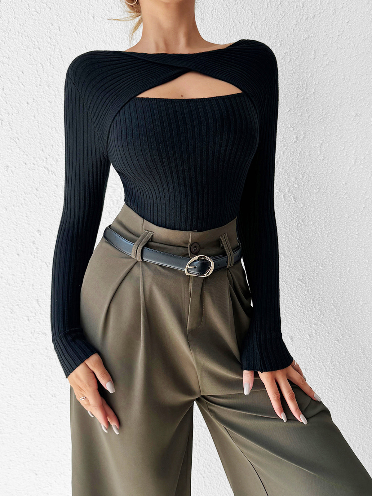 Cutout Skinny Knit Top – Asymmetrical Long Sleeve with High Stretch Comfort