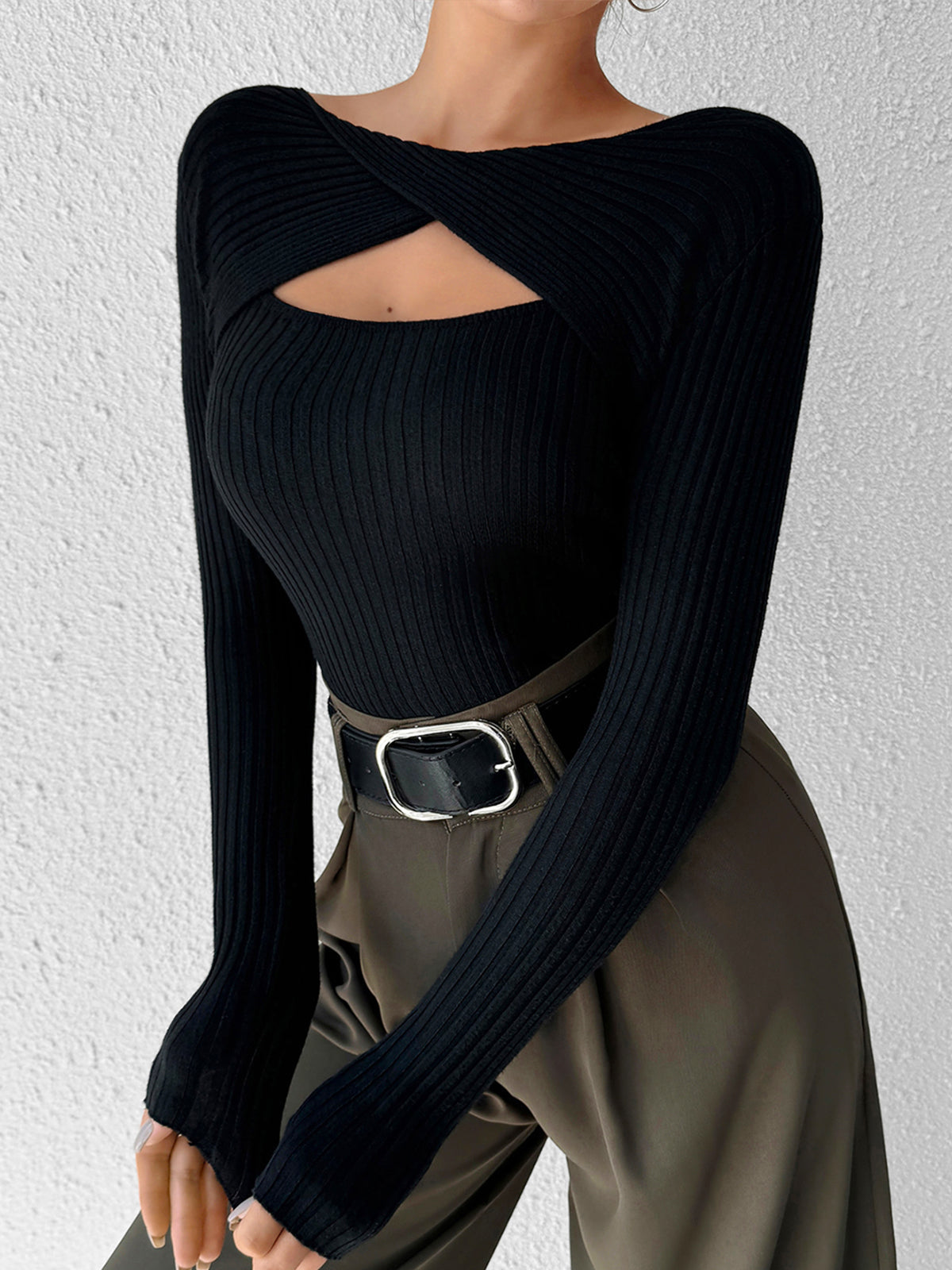 Cutout Skinny Knit Top – Asymmetrical Long Sleeve with High Stretch Comfort