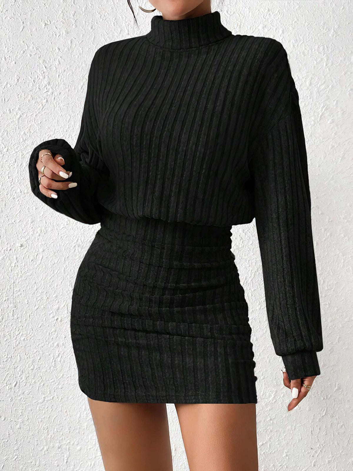 Mock Neck Ribbed Short Dress – Chic Pleated Mini with Long Sleeves & Medium Stretch