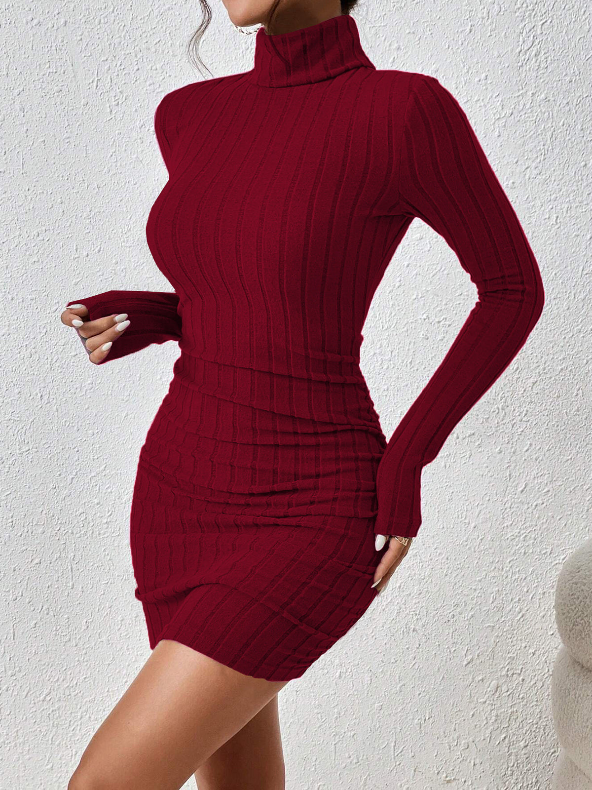 Women’s Ribbed Slim Fit Mini Dress – High Stretch Long Sleeve Stand Collar Dress