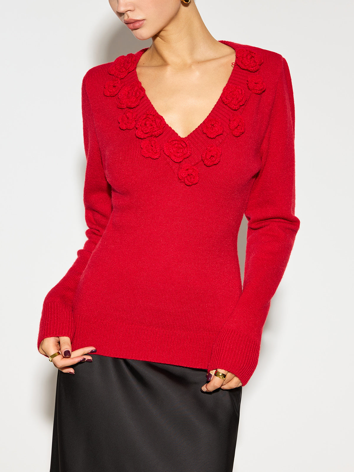 Knitted V-Neck Top – Women’s Top with 3D Floral Detail and Long Sleeves