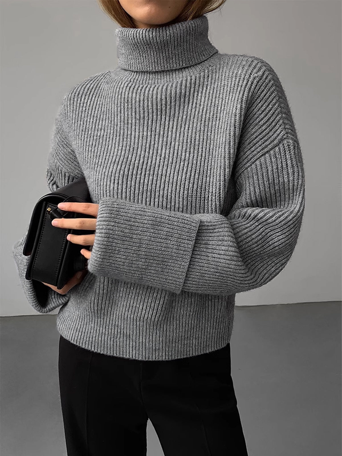 Women’s Ribbed Turtleneck Sweater – Stretch Knit Roll Neck Jumper