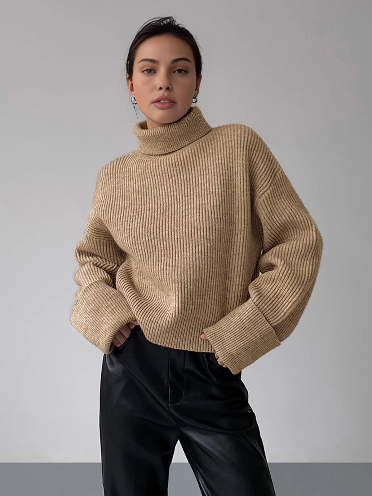 Women’s Ribbed Turtleneck Sweater – Stretch Knit Roll Neck Jumper