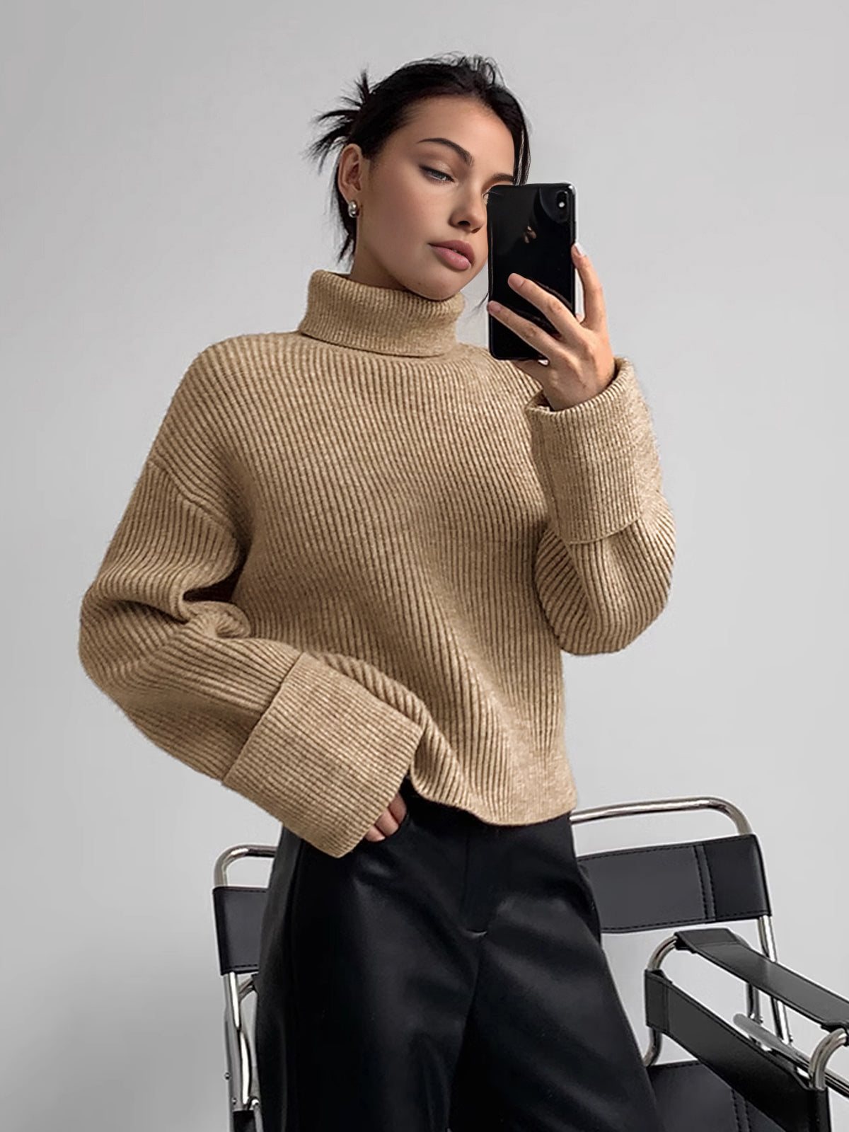 Women’s Ribbed Turtleneck Sweater – Stretch Knit Roll Neck Jumper