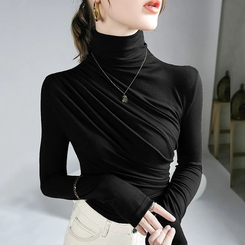 Women’s High Neck Pleated Blouse – Tailored Long Sleeve Smart Top