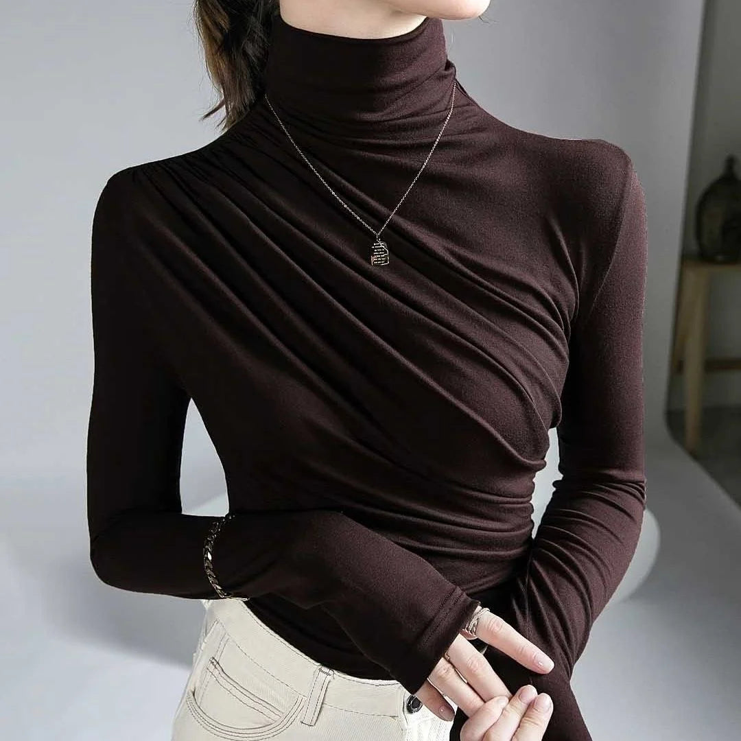 Women’s High Neck Pleated Blouse – Tailored Long Sleeve Smart Top
