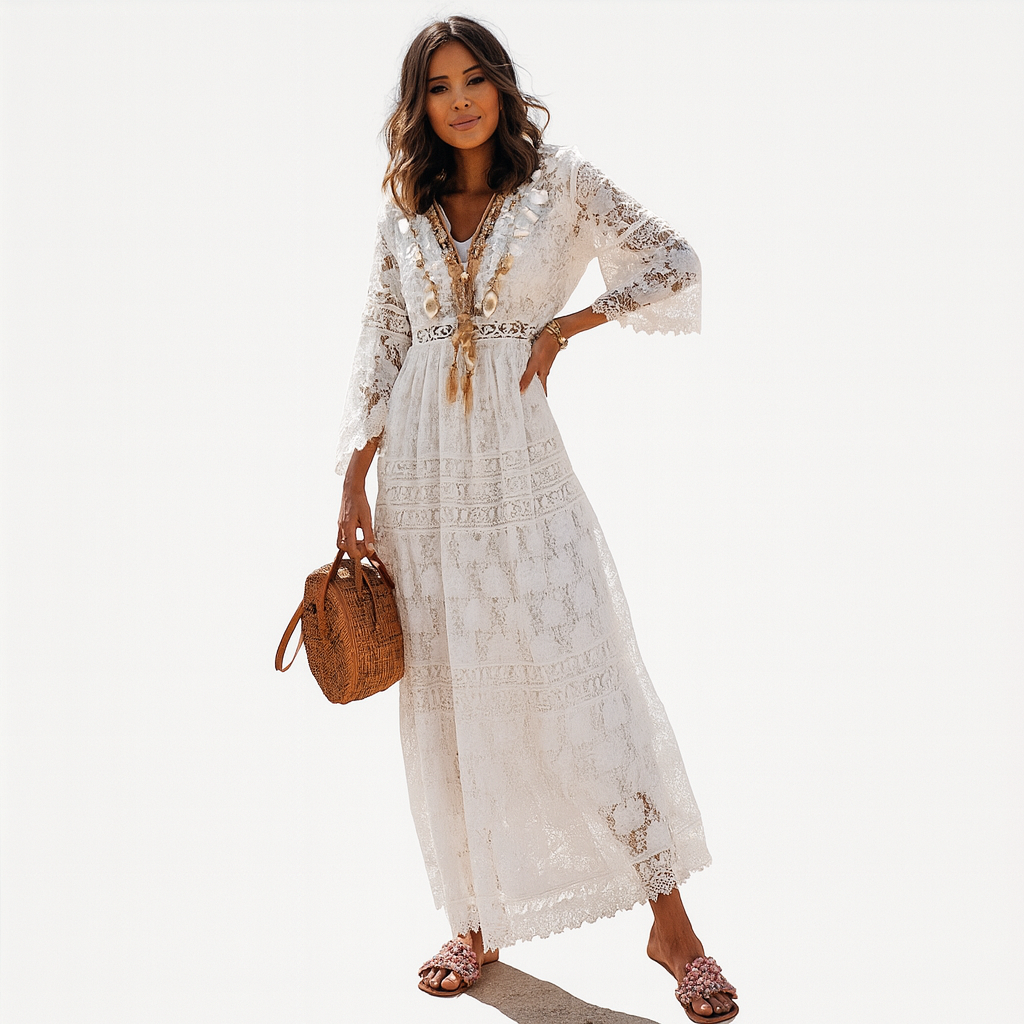 Boho Women's Perséphone Dress - Long Sleeves, Flowy Cut and Artistic Boho Details
