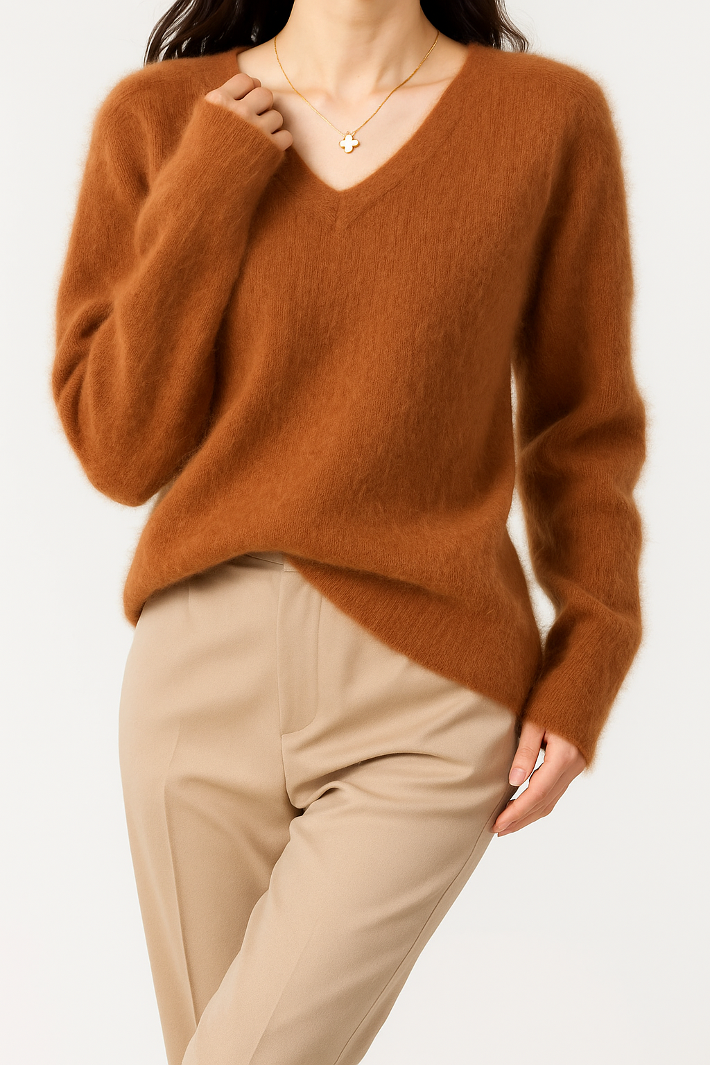 Women's Brushed Wool V-Neck Sweater – Soft Lightweight Pullover for Everyday Comfort