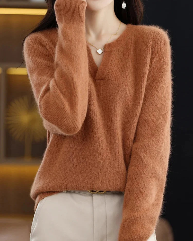 Women's Brushed Wool V-Neck Sweater – Soft Lightweight Pullover for Everyday Comfort