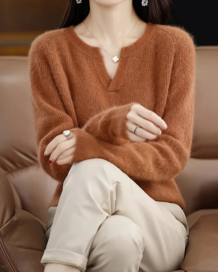 Women's Brushed Wool V-Neck Sweater – Soft Lightweight Pullover for Everyday Comfort
