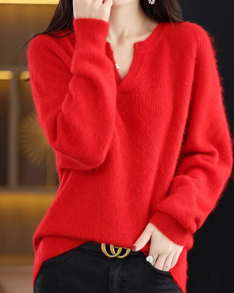 Women's Brushed Wool V-Neck Sweater – Soft Lightweight Pullover for Everyday Comfort