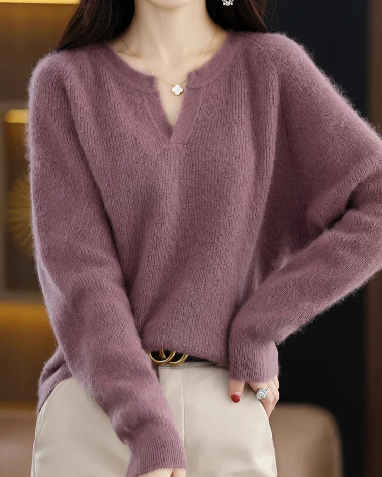 Women's Brushed Wool V-Neck Sweater – Soft Lightweight Pullover for Everyday Comfort