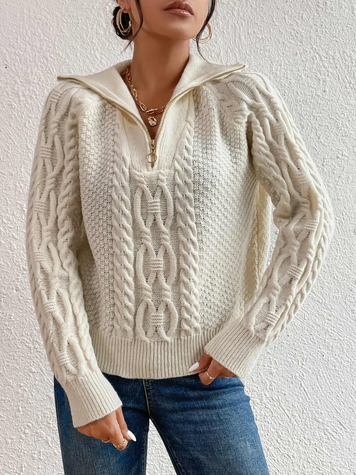 Cable Knit Sweater Women – Zipper Collar Pullover Winter Knitwear
