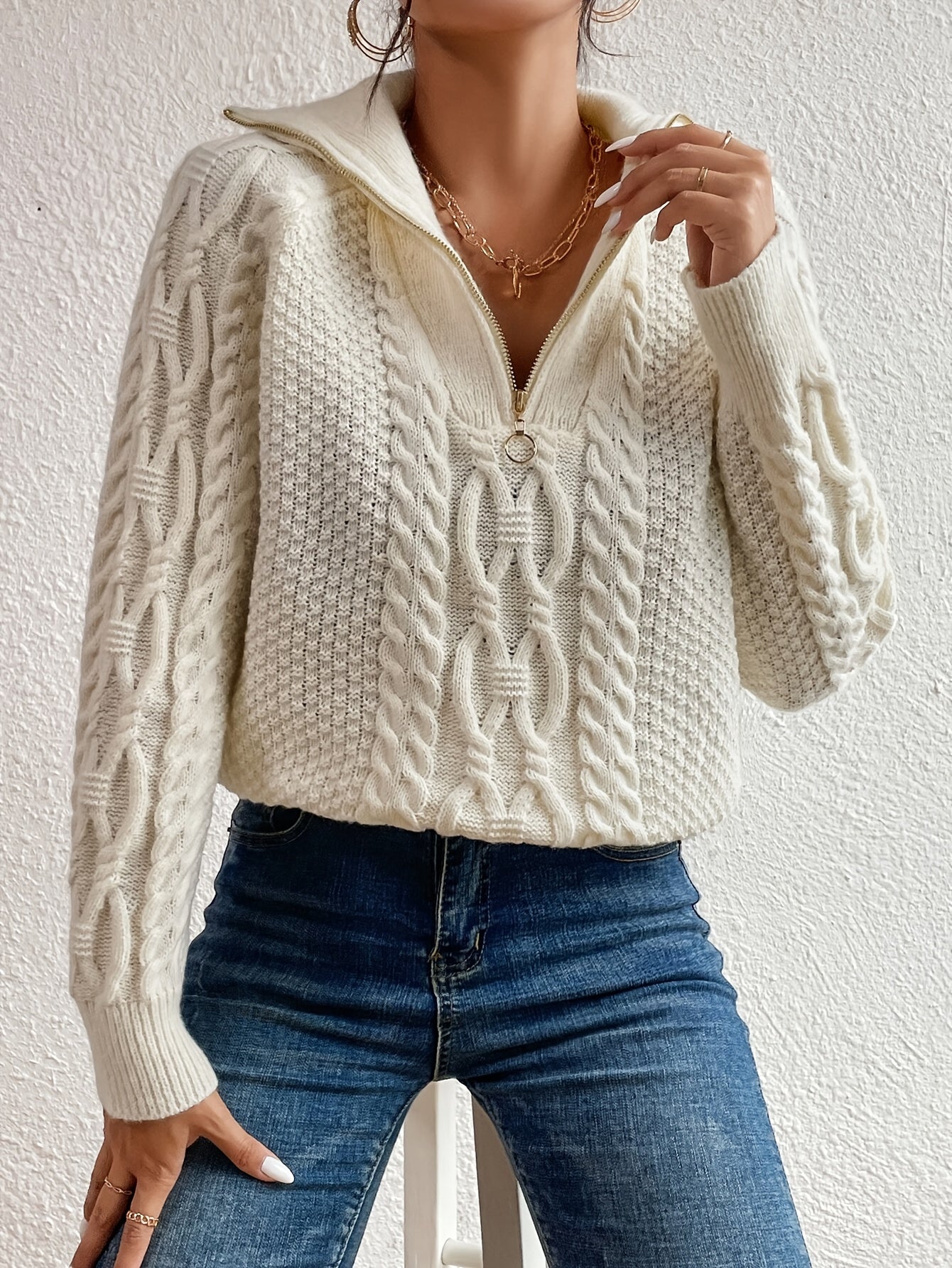 Cable Knit Sweater Women – Zipper Collar Pullover Winter Knitwear