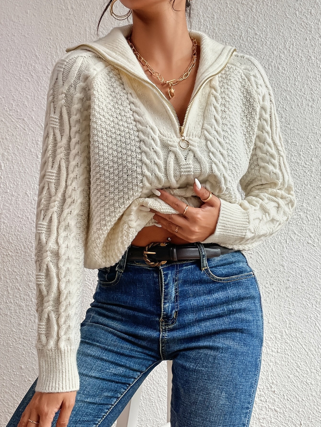 Cable Knit Sweater Women – Zipper Collar Pullover Winter Knitwear