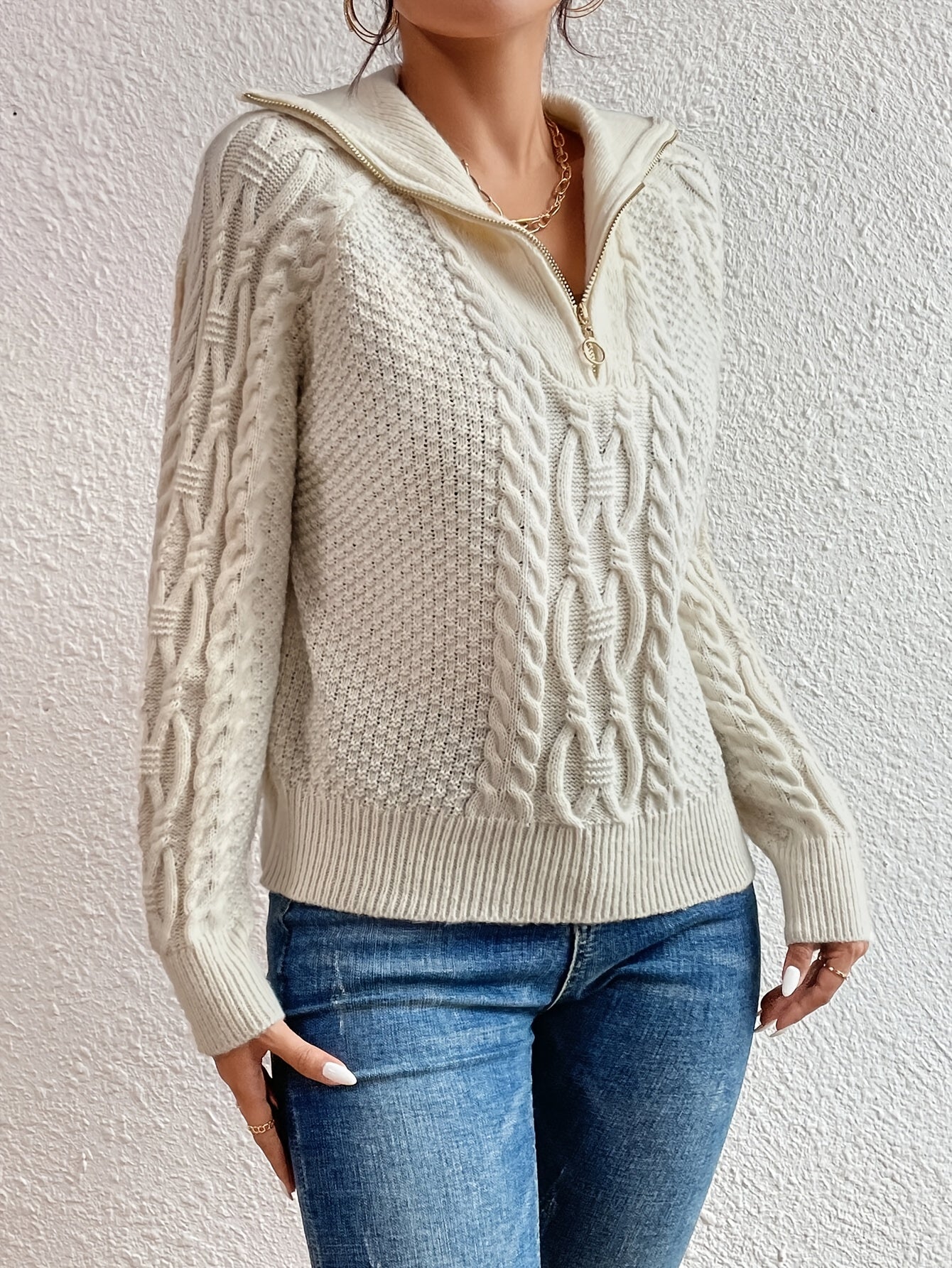 Cable Knit Sweater Women – Zipper Collar Pullover Winter Knitwear
