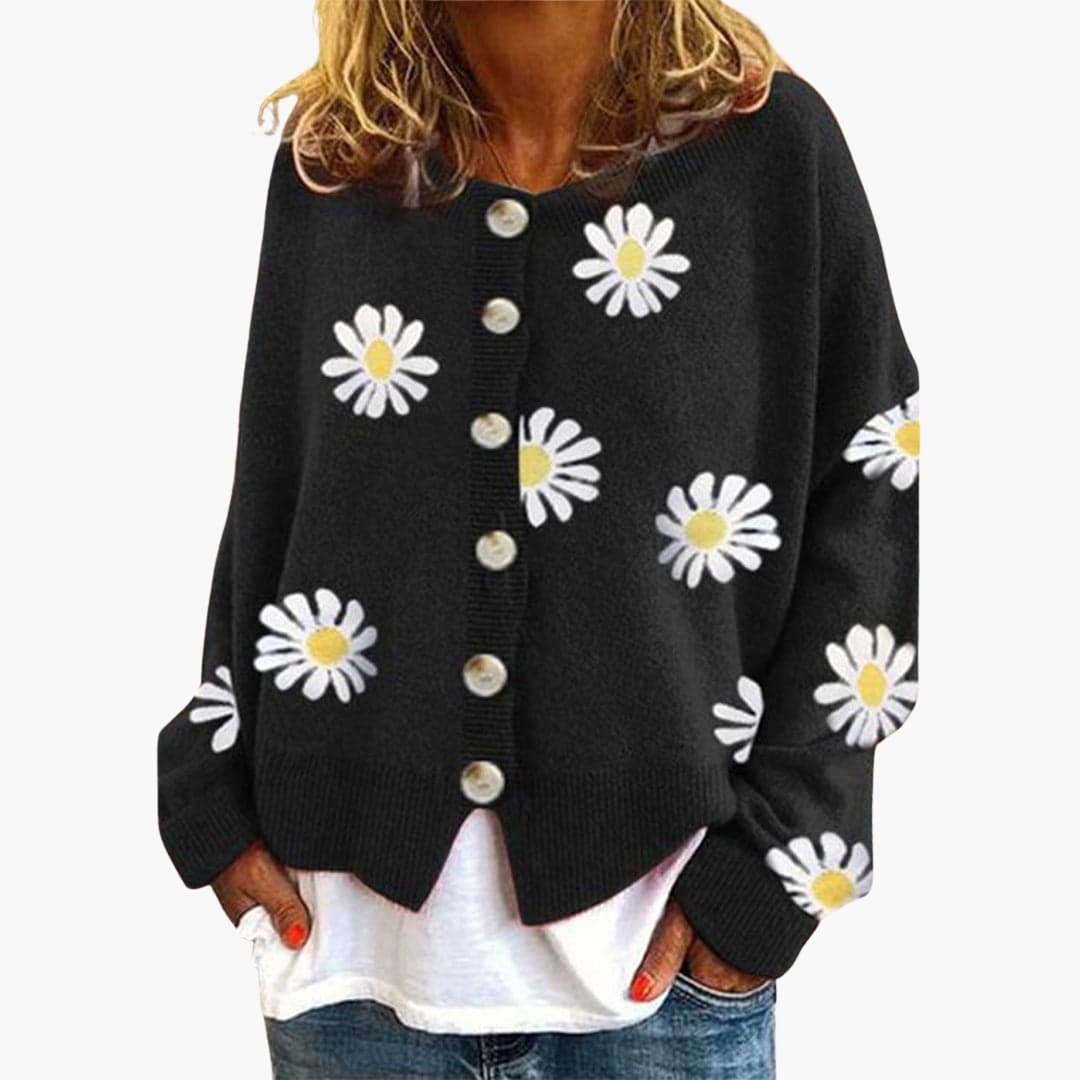 Button-Down Daisy Print Cardigan for Women
