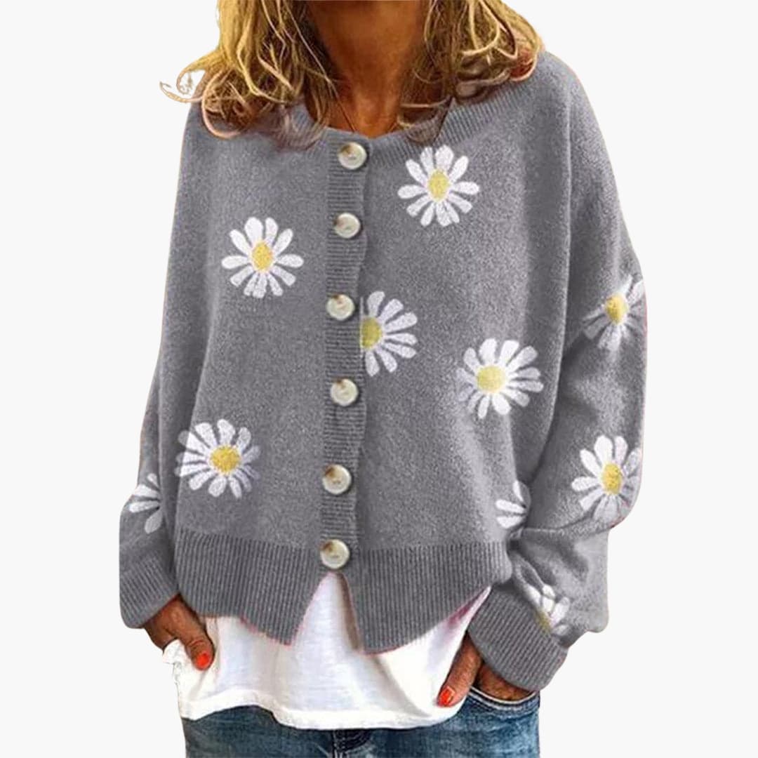 Button-Down Daisy Print Cardigan for Women