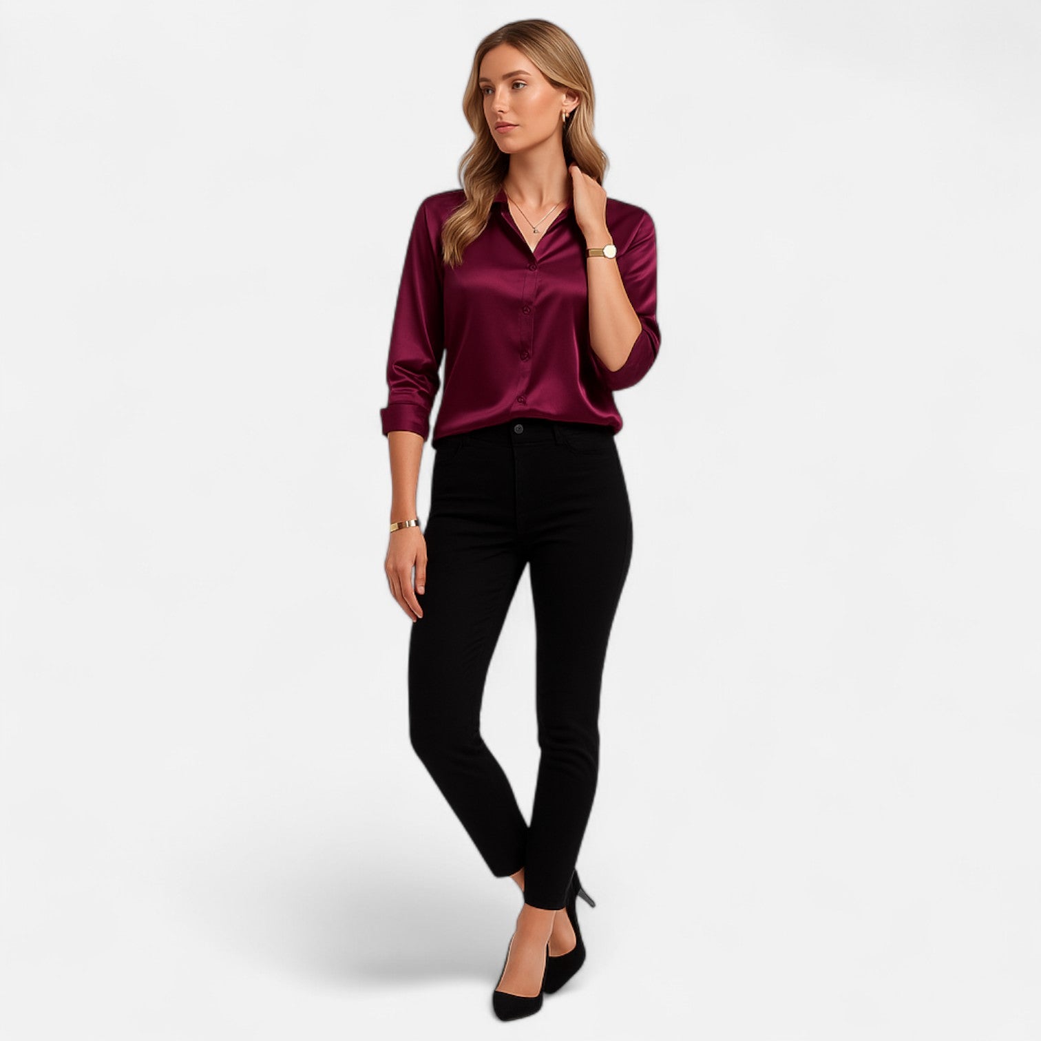 Women’s Satin Button-Down Blouse – Classic Long-Sleeve Lapel Shirt