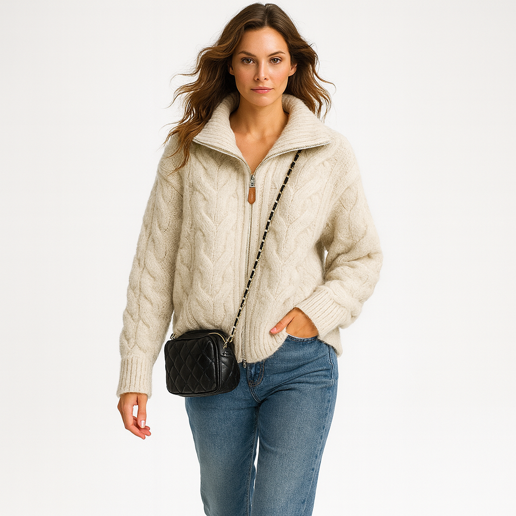 Zip-Up Cable Knit Sweater for Women