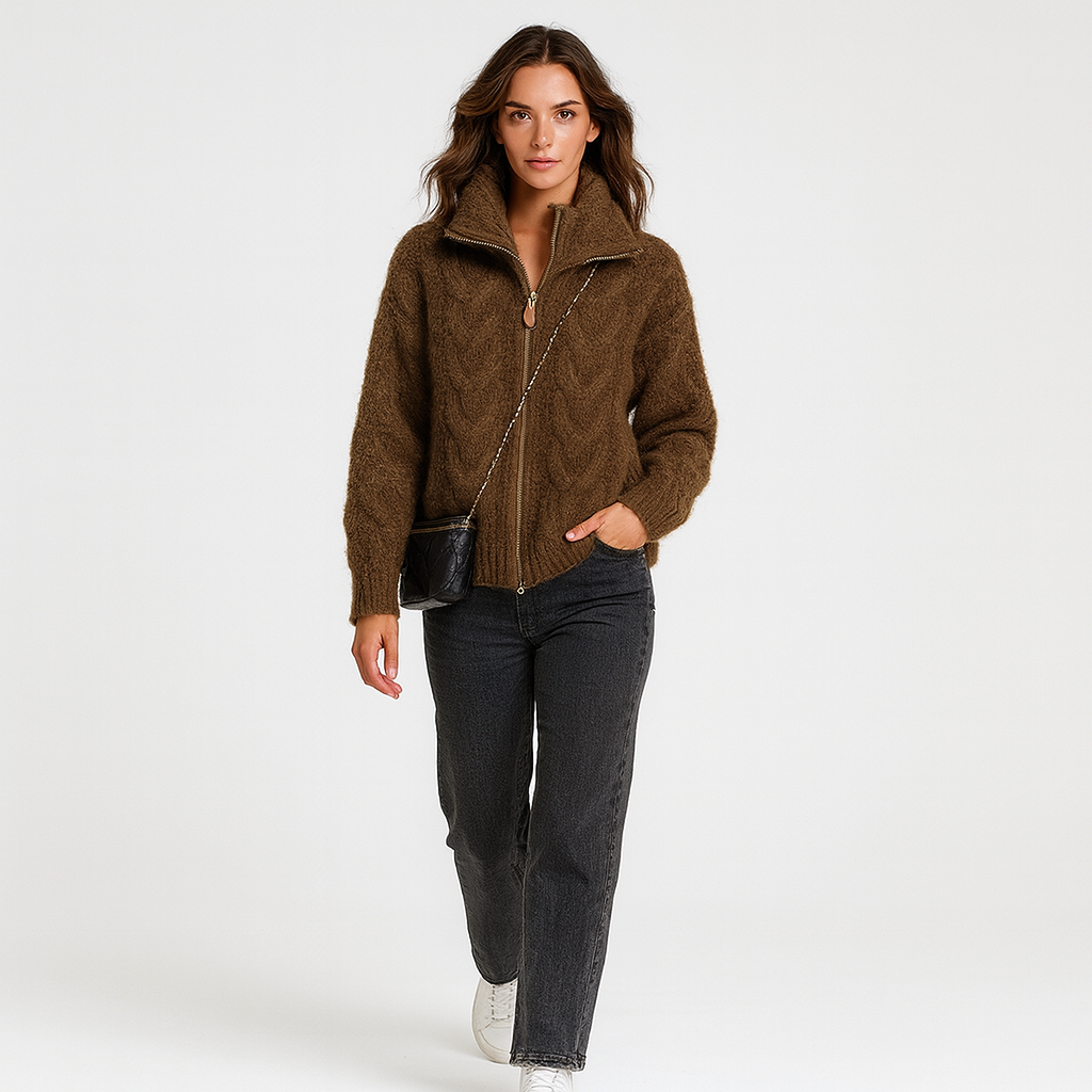 Zip-Up Cable Knit Sweater for Women