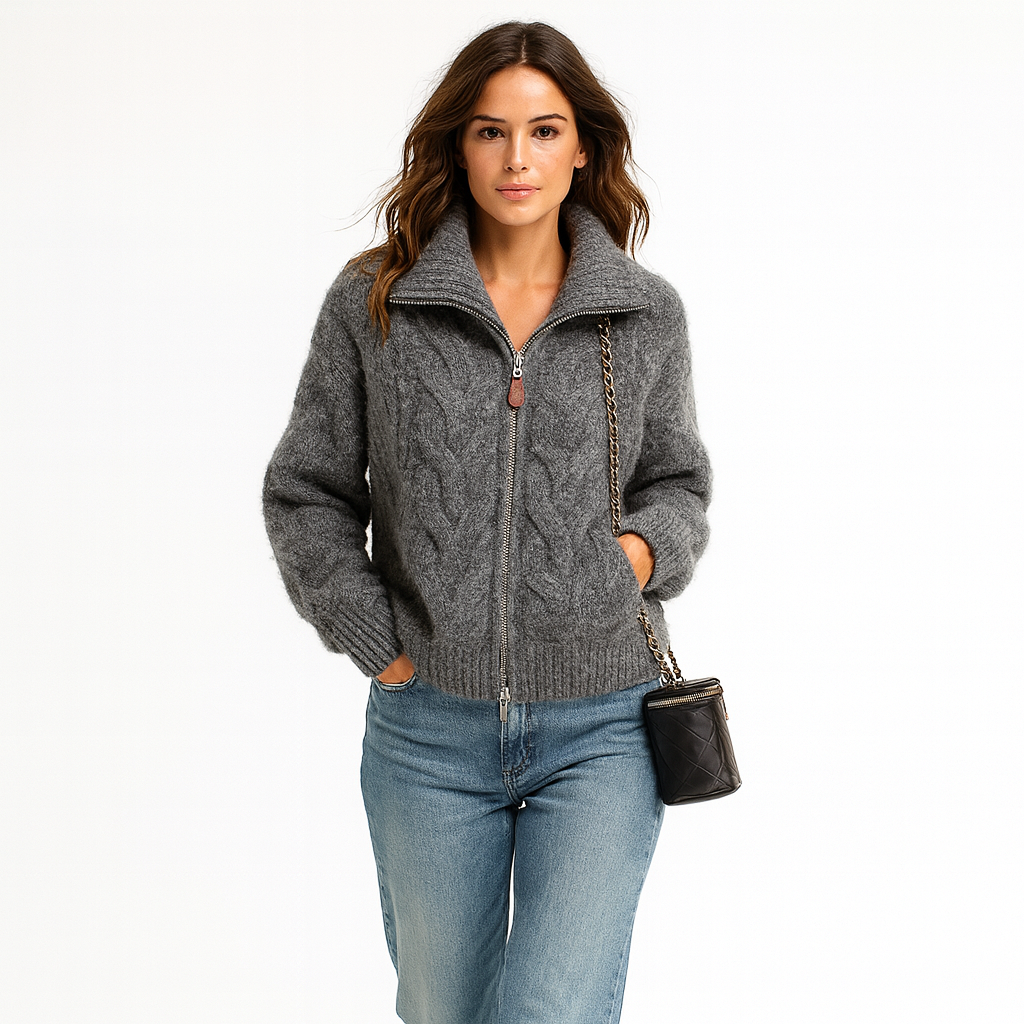 Zip-Up Cable Knit Sweater for Women