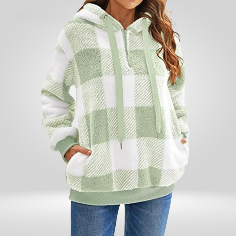 Nordic Cozy Check Hoodie for Women – Soft Fleece Checkered Pullover with Hood