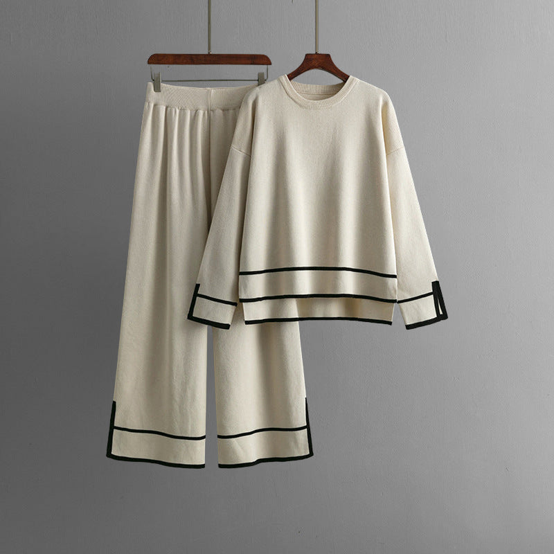 Women’s Knit Lounge Set – Soft Polyester Two-Piece Sweater and Wide-Leg Trousers