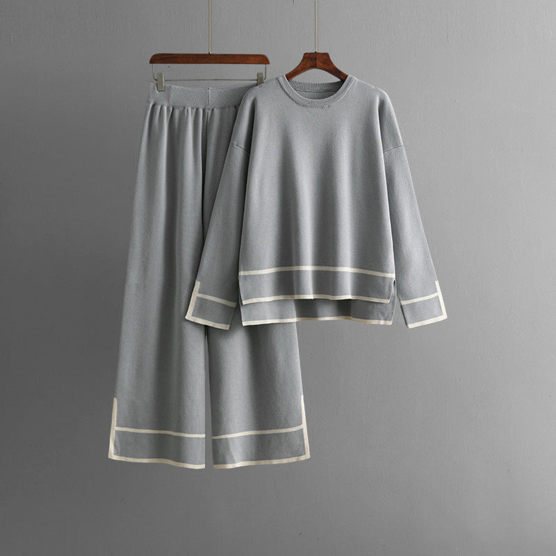 Women’s Knit Lounge Set – Soft Polyester Two-Piece Sweater and Wide-Leg Trousers