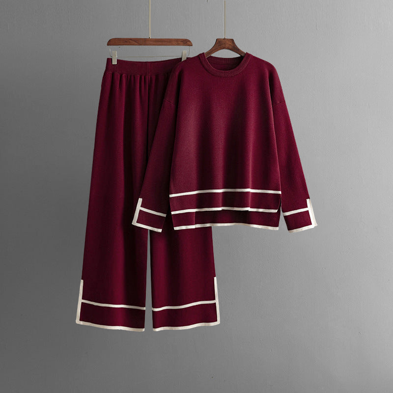 Women’s Knit Lounge Set – Soft Polyester Two-Piece Sweater and Wide-Leg Trousers
