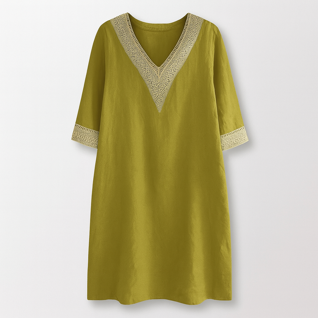 Chic linen-blend dress with V-neck and lace trim