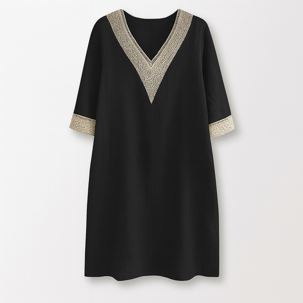 Chic linen-blend dress with V-neck and lace trim