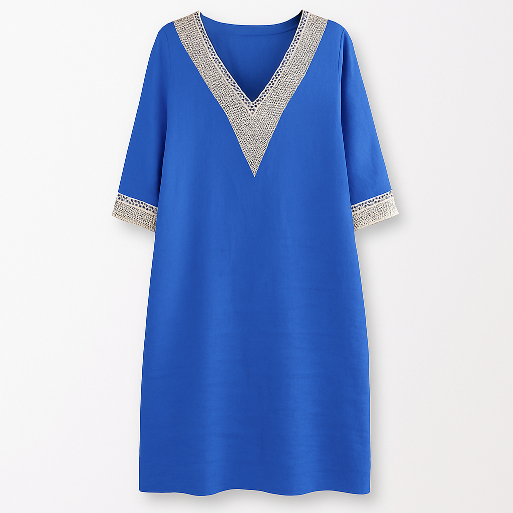 Chic linen-blend dress with V-neck and lace trim
