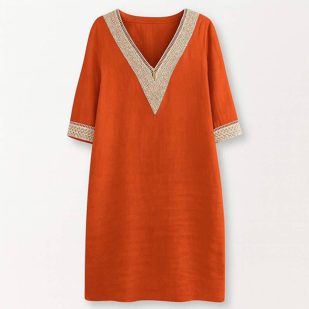 Chic linen-blend dress with V-neck and lace trim